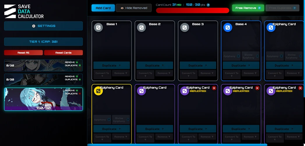 Save Data Calculator advanced strategies showing removal costs, duplication, and tier-based planning for Chaos Zero Nightmare